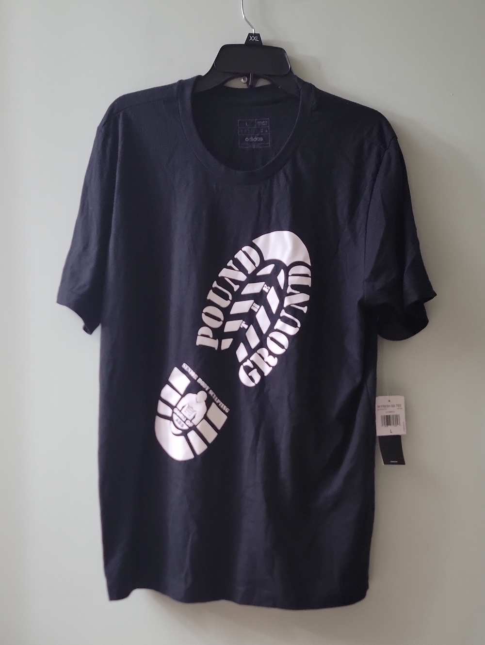 adidas Black Short Sleeve Tee with White Footprint 'Pound Ground' Graphic